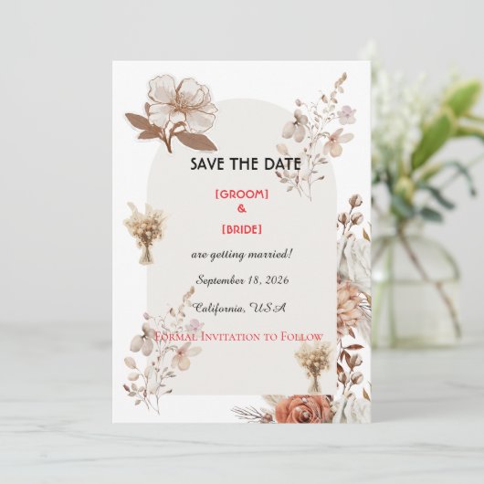 Neutral Boho Wedding Save The Date (Stehend Vorderseite)