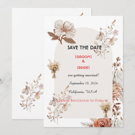 Neutral Boho Wedding Save The Date (Vorne/Hinten)