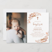 Neutral Boho Wildblume Foto Cross Taufen Einladung (Vorderseite)