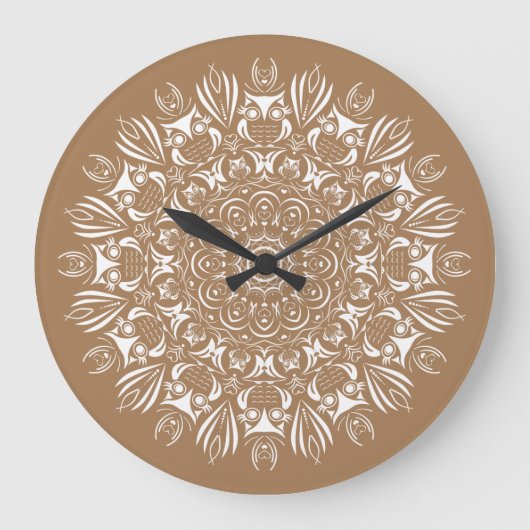 Neutral Brown and White Owl Mandala Große Wanduhr (Vorderseite)