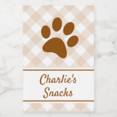 Neutral Brown Beige White Gingham Pattern Paw Name Lebensmitteletikett (Einzelnes Label)