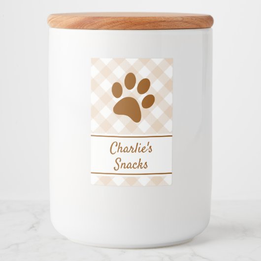 Neutral Brown Beige White Gingham Pattern Paw Name Lebensmitteletikett (Vorderseite)