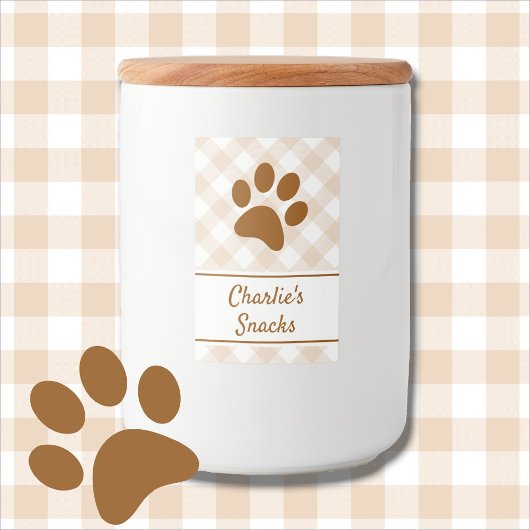 Neutral Brown Beige White Gingham Pattern Paw Name Lebensmitteletikett