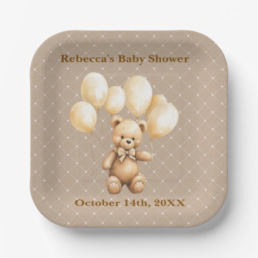 Neutral Brown Teddy Bear Baby Shower Paper Plate Pappteller (Vorderseite)