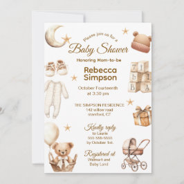Neutral Brown Teddy Bear Clothes,Gifts-Baby Shower Einladung