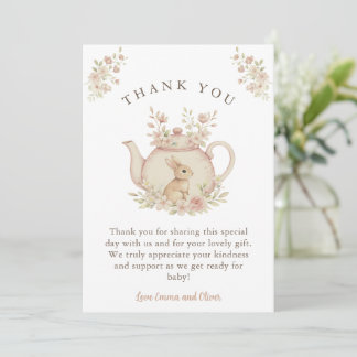 Neutral Bunny & Floral Teapot Baby Shower  Dankeskarte