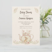 Neutral Bunny & Floral Teapot Baby Shower  Einladung (Stehend Vorderseite)