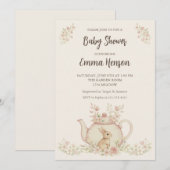 Neutral Bunny & Floral Teapot Baby Shower  Einladung (Vorne/Hinten)