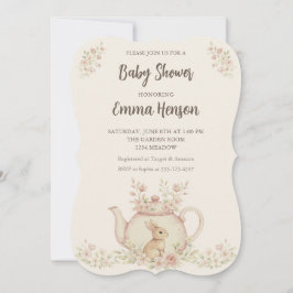 Neutral Bunny & Floral Teapot Baby Shower  Einladung