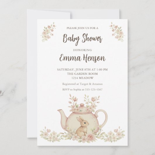 Neutral Bunny & Floral Teapot Baby Shower  Einladung (Vorderseite)