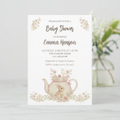 Neutral Bunny & Floral Teapot Baby Shower  Einladung (Stehend Vorderseite)