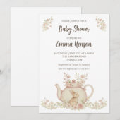 Neutral Bunny & Floral Teapot Baby Shower  Einladung (Vorne/Hinten)