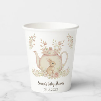 Neutral Bunny & Floral Teapot Baby Shower  Pappbecher