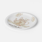 Neutral Bunny & Floral Teapot Baby Shower  Pappteller (Schrägansicht)