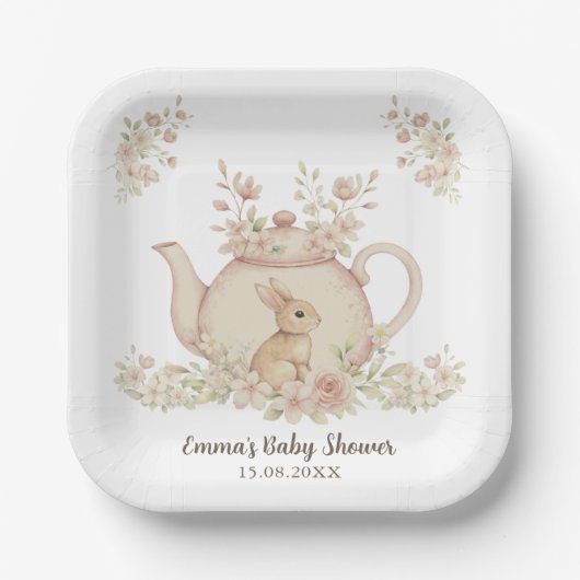 Neutral Bunny & Floral Teapot Baby Shower  Pappteller (Vorderseite)