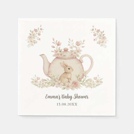 Neutral Bunny & Floral Teapot Baby Shower  Serviette (Vorderseite)