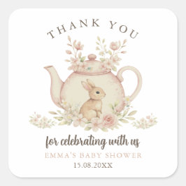 Neutral Bunny Tea Party Baby Shower Thank You  Quadratischer Aufkleber