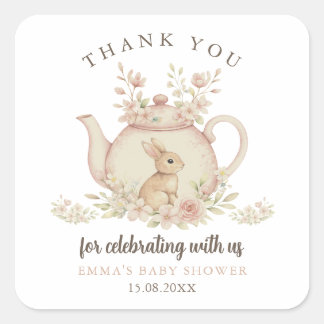 Neutral Bunny Tea Party Baby Shower Thank You  Quadratischer Aufkleber