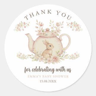Neutral Bunny Tea Party Baby Shower Thank You  Runder Aufkleber
