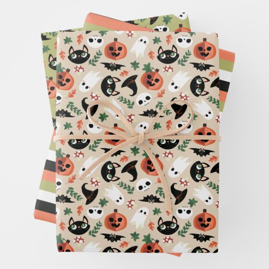 Neutral Cats & Pumpkins Mixed Halloween Patterns Geschenkpapier Set (Beispiel)