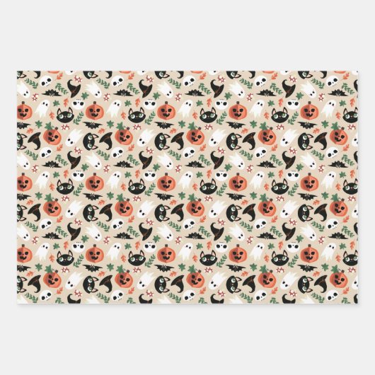 Neutral Cats & Pumpkins Mixed Halloween Patterns Geschenkpapier Set (Vorderseite)