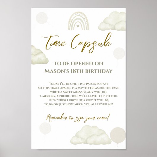 Neutral Cloud Boho Time Capsule First Birthday Poster (Vorne)