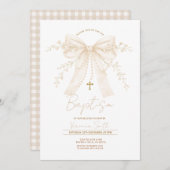 Neutral Cream Bow Cross Baptism Christening Einladung (Vorne/Hinten)