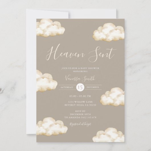 Neutral Cream Cloud Heaven Sent Baby Shower Party Einladung (Vorderseite)
