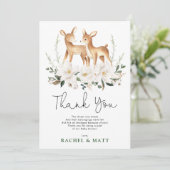 Neutral Deer Twins Ivory Floral Greenery Baby Fawn Dankeskarte (Stehend Vorderseite)