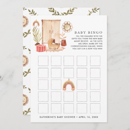 Neutral des Geschlechts | Boho Baby Shower Bingo Einladung (Vorne/Hinten)