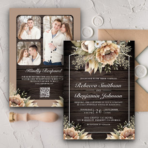 Neutral Earthy Taupe Floral Wood QR Code Hochzeit Einladung