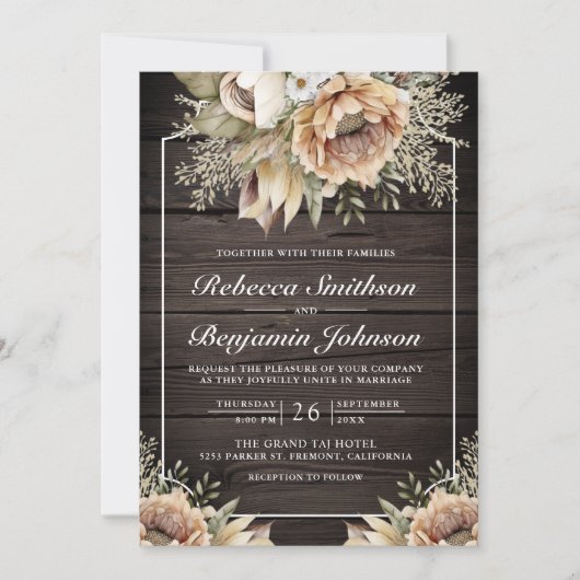 Neutral Earthy Taupe Floral Wood QR Code Hochzeit Einladung (Vorderseite)