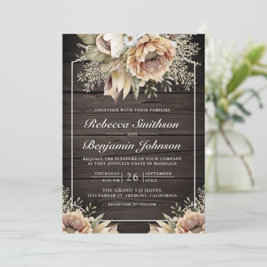 Neutral Earthy Taupe Floral Wood QR Code Hochzeit Einladung (Stehend Vorderseite)