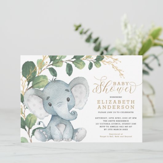 Neutral Elephant Soft Greenerity Gold Baby Dusche Einladung (Stehend Vorderseite)