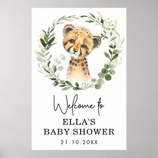Neutral Eukalyptus Greenery Leopard Baby Shower Poster (Vorne)