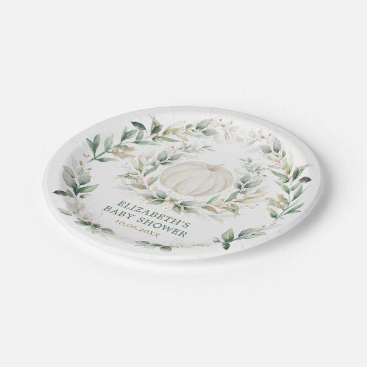 Neutral Fall Pumpkin Greenery Gold Baby Dusche Pappteller (Schrägansicht)