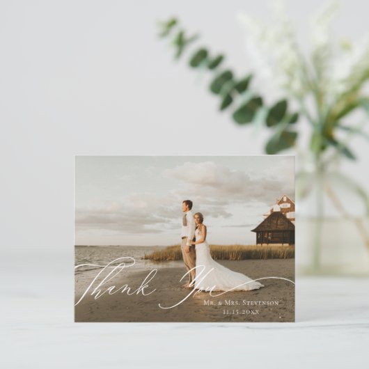 Neutral Floral Calligraphy Wedding Foto Vielen Dan Postkarte (Stehend Vorderseite)
