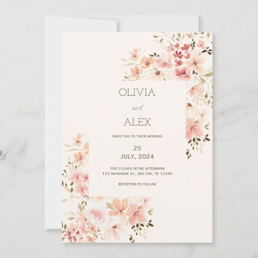 Neutral floral Elegant Hochzeitseinladung Einladung (Vorderseite)