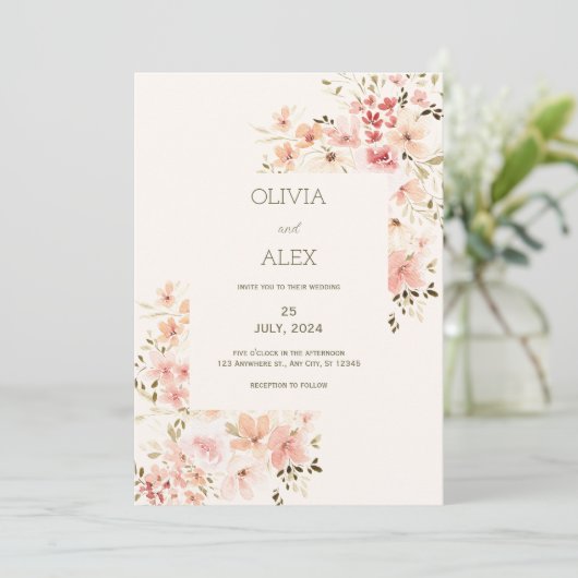 Neutral floral Elegant Hochzeitseinladung Einladung (Stehend Vorderseite)