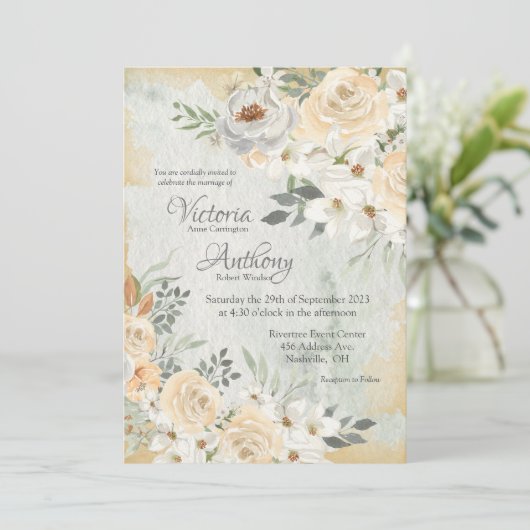 Neutral-Floral-Script-Hochzeit Einladung (Stehend Vorderseite)