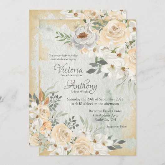 Neutral-Floral-Script-Hochzeit Einladung (Vorne/Hinten)