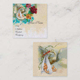 NEUTRAL FLORAL STORK BABY SHOWER White Pearl Paper Quadratische Visitenkarte