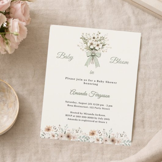 Neutral florals green bloom Baby Shower invitation