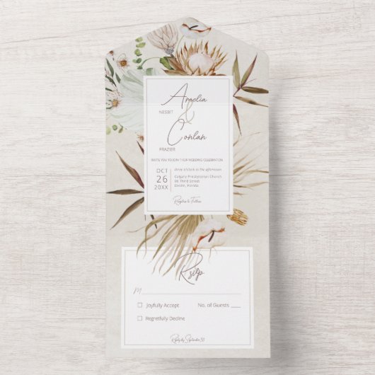 Neutral gebohrte Boho Blütencreme All In One Einladung (Innen Boden)