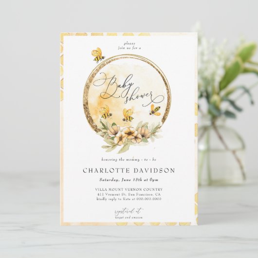 Neutral gelbe Hummelblüte Gold Baby Dusche Einladung (Stehend Vorderseite)