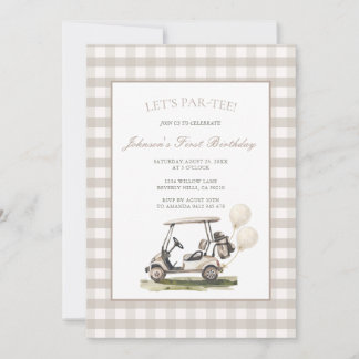 Neutral Gingham Golf Cart Boy Birthday  Einladung