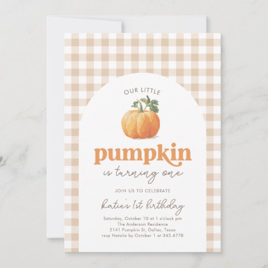 Neutral Gingham Pumpkin 1. Geburtstag Einladung (Vorderseite)