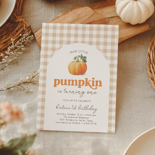 Neutral Gingham Pumpkin 1. Geburtstag Einladung
