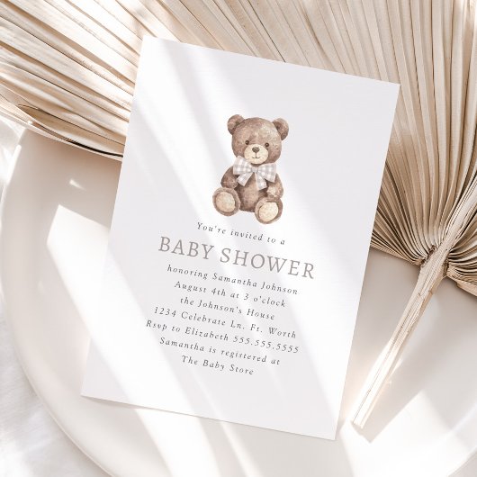 Neutral Gingham Simple Teddy Bear Baby Shower Einladung