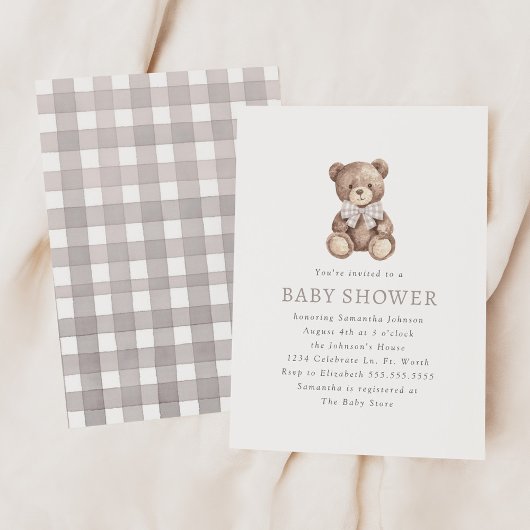 Neutral Gingham Simple Teddy Bear Baby Shower Einladung